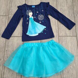 Disney Frozen Elsa Toddler Girl Navy Blue Top and Aqua Tulle Skirt Set Size 3T